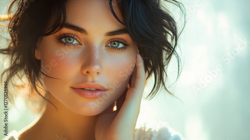 Beautiful woman with wavy hair posing gracefully in soft natural light indoors