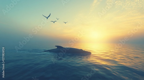 Whale swims peacefully in tranquil waters with seagulls flying above at dawn