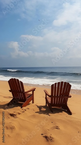 Relaxing beach chairs on a sunny day by the ocean
