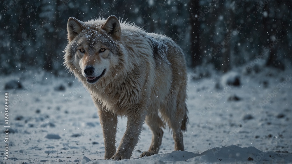 Obraz premium A frozen wolf with icicle-covered fur, walking through an eternal blizzard.