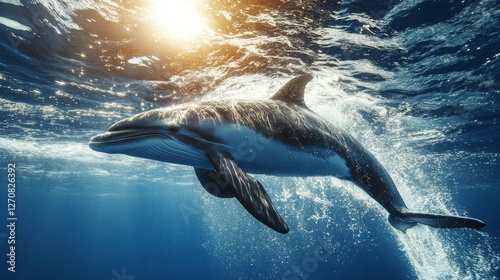 Dolphin swimming gracefully under water during sunset