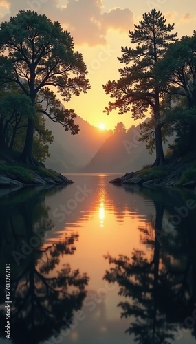 Water's surface reflects serene trees at dusk with soft golden light, calm, nature, water