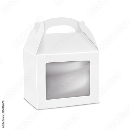 Square white paper gable box with clear plastic window and handle. 3d mockup. Transparent front blank cube food carton packaging. Realistic vector mock-up. Cardboard bag container. Template for design