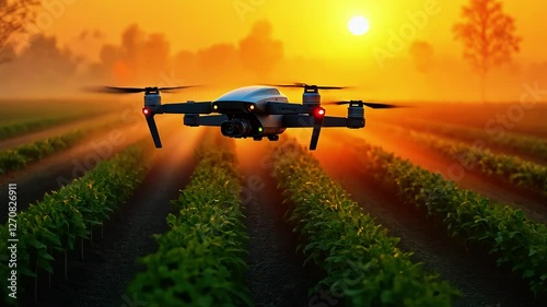 Wallpaper Mural A drone captures aerial views over lush green fields during a vibrant sunset, enhancing agricultural insights Torontodigital.ca