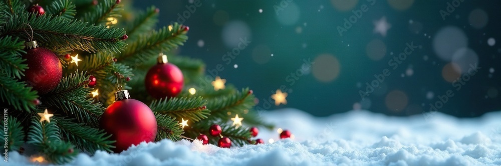 evergreen wreath with red ornaments and stars shining brightly in the snow, festive, stars evergreen wreath with red ornaments and stars shining brightly in the snow, festive, stars