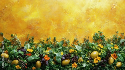 Fresh salad served in bowl with vibrant ingredients and colorful background