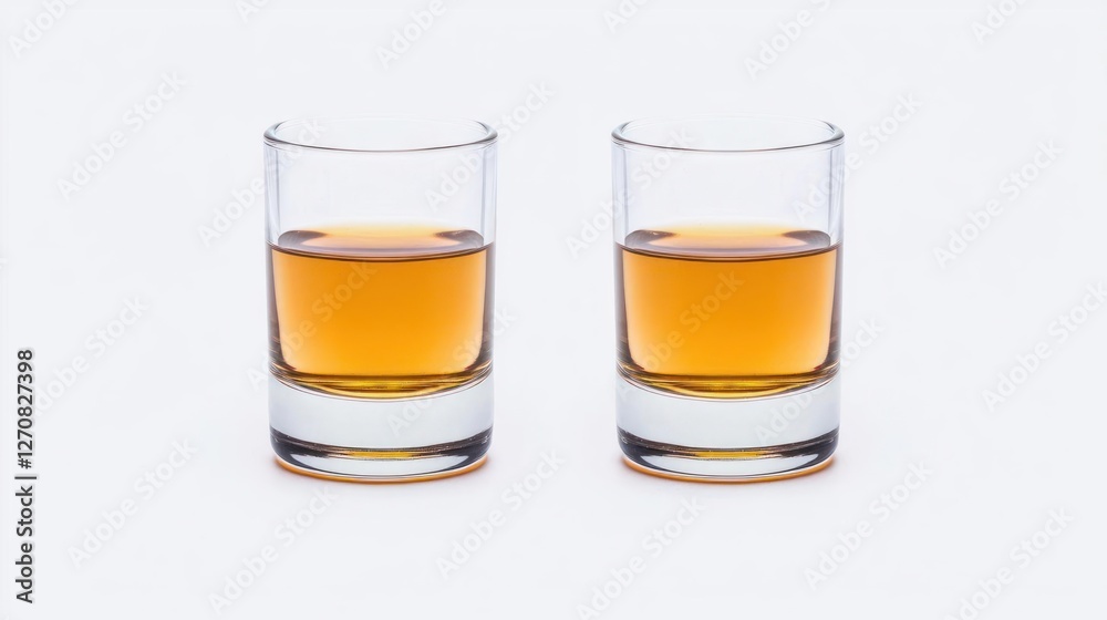 Two Glasses of Amber Liquid on White Background Two Glasses of Amber Liquid on White Background