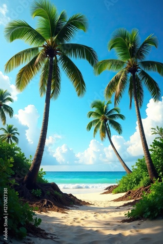 Palm trees broken and uprooted by strong tropical winds, uprooted, palm tree