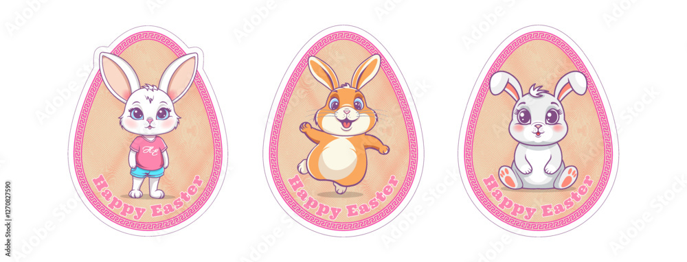 Vector set of holiday toon stickers. Happy Easter. Cute beautiful pleasant soft tender emotional bunnies. Cuddly cheerful festive rabbits. Badges or icons. Jumping ginger chubby hare. Eggs Vector set of holiday toon stickers. Happy Easter. Cute beautiful pleasant soft tender emotional bunnies. Cuddly cheerful festive rabbits. Badges or icons. Jumping ginger chubby hare. Eggs