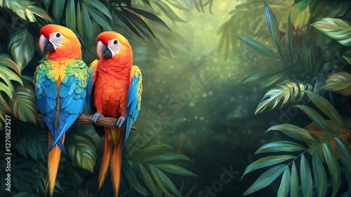 Brightly colored macaws perched in lush jungle foliage during daylight