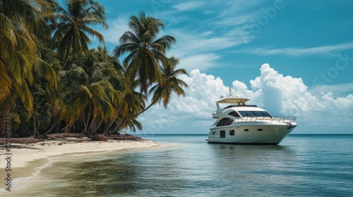Luxurious yacht anchored in a tropical paradise under a clear blue sky