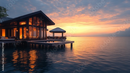 Sunset illuminates a serene waterfront villa with outdoor seating near the ocean