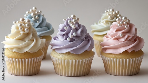 Colorful cupcakes with creamy frosting and decorative pearls arranged on a ne...