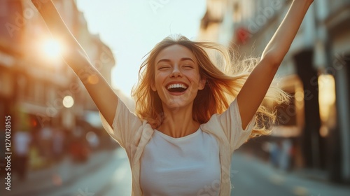 Joyful young woman enjoying a sunny day on a city street during golden hour