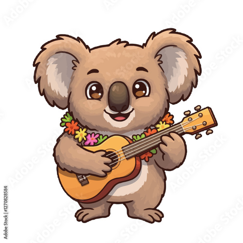 Cute Koala Playing Guitar with Floral Necklace and Happy Expression