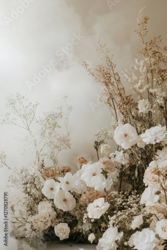 Floral arrangement surrounded by soft fog creating a dreamy atmosphere in a s...