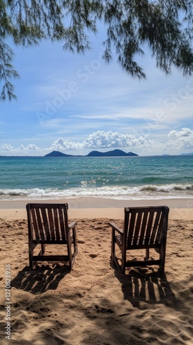 Relaxing beach chairs on a sunny day by the ocean