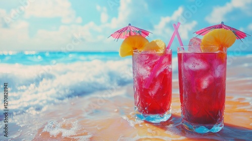 Tropical cocktails with umbrellas on sandy beach under clear skies in summer ...