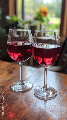 Enjoying two glasses of red wine on a wooden table during a cozy gathering at...