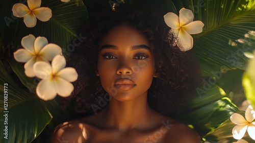 Young woman enjoying tranquility in a tropical setting with sunlight filterin...