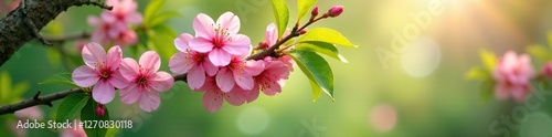 pink cherry blossoms amidst lush green leaves, branches, trees