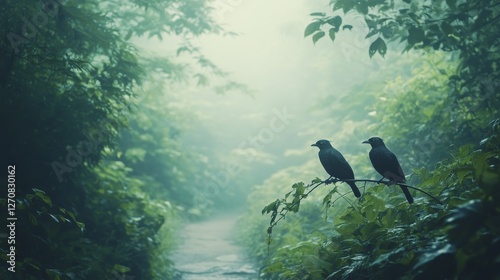 Brightly colored macaws perched in lush jungle foliage during daylight