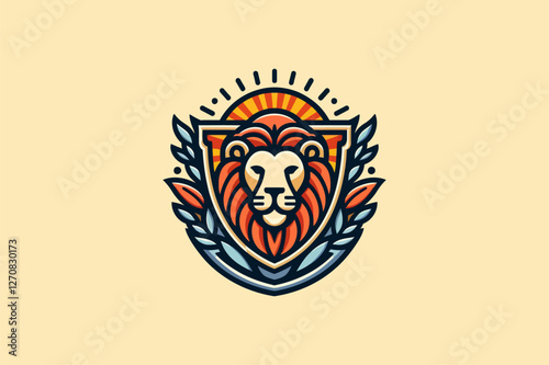 An illustration of a lion with leaf elements, a shield, and the sun, symbolizing strength and nature.