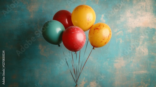 Colorful balloons in vibrant hues floating against a textured blue backdrop