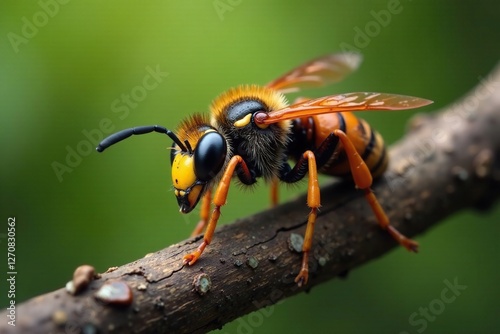 Asian hornet Vespa velutina secondary nest on leafless tree branch, hornet, tree branch photo