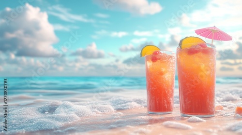 Tropical cocktails with umbrellas on sandy beach under clear skies in summer ...