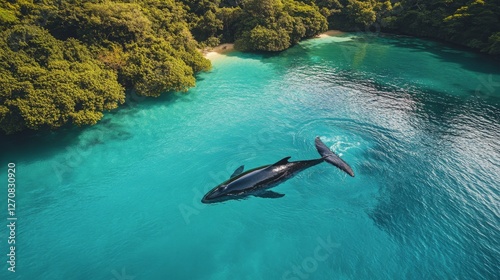 Ocean depths reveal majestic whale gliding through crystal clear waters near ...