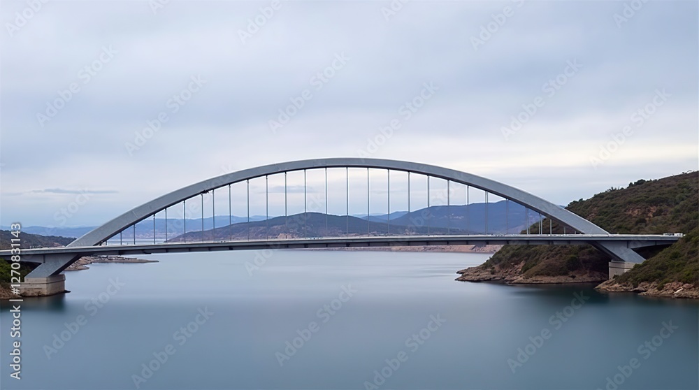 Elegant Arch Bridge Spanning Calm Water with Hill Landscape in Background Elegant Arch Bridge Spanning Calm Water with Hill Landscape in Background