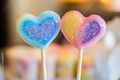 Colorful heart-shaped lollipops showcasing vibrant rainbow patterns on a whit...