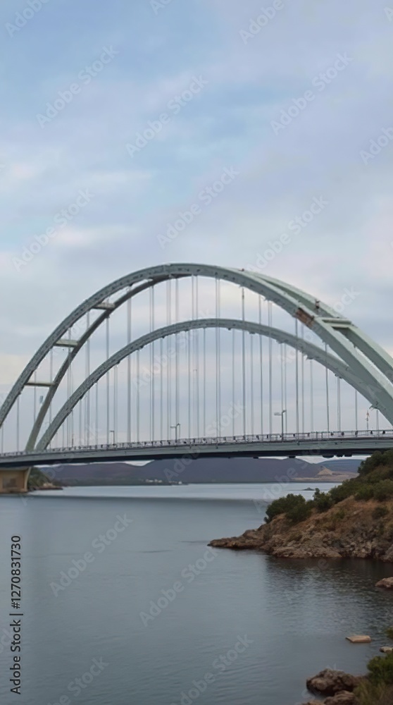 Elegant Arch Bridge Spanning Calm Waters Amidst Scenic Natural Surroundings Elegant Arch Bridge Spanning Calm Waters Amidst Scenic Natural Surroundings