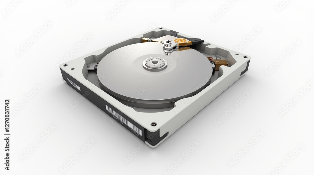 Close-Up View of an Open Hard Disk Drive on a White Background Close-Up View of an Open Hard Disk Drive on a White Background