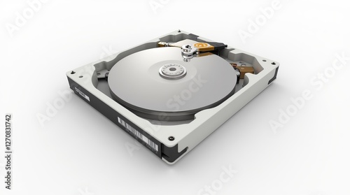 Close-Up View of an Open Hard Disk Drive on a White Background