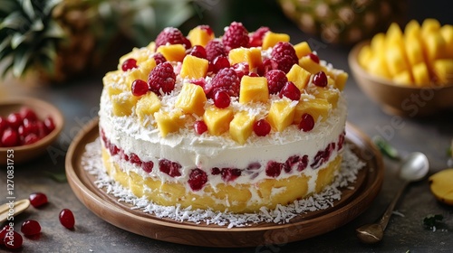Wallpaper Mural Delicious tropical fruit cake with mango and raspberry decoration on a wooden table Torontodigital.ca