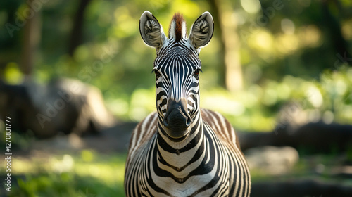 A zebra portrait showcases striking black and white stripes, intense gaze, and erect ears against a vibrant green foliage backdrop. photo