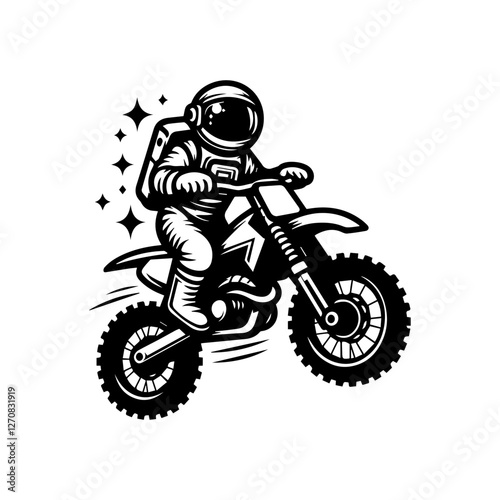 astronaut character logo design riding a motocross bike