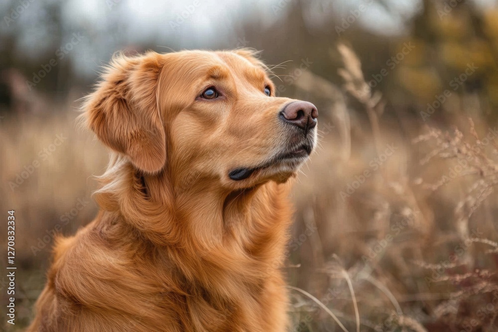 Golden retriever dog looking up in a field Golden retriever dog looking up in a field