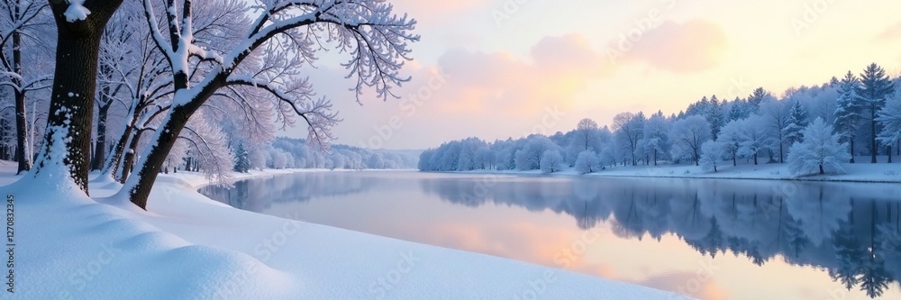 Fototapeta premium Winter wonderland scene with snow-covered trees and a frozen lake, peaceful, snow, frozen lake