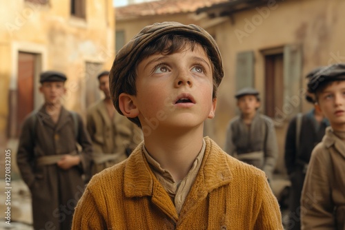 Young boy looking up with hope during wartime in Italy