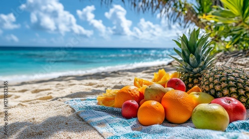 Fresh fruits in a woven basket on a sandy beach with ocean waves and bright b...