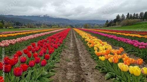 Colorful tulips bloom in a vibrant garden during golden hour sunlight