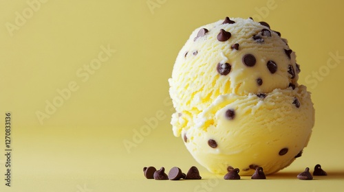 Delightful ice cream scoop with chocolate chips on pastel background