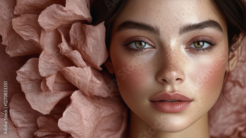 Beauty portrait of a young woman with freckles and striking eyes surrounded b...