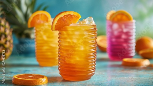 Refreshing tropical cocktails garnished with fresh fruit slices in a vibrant ...