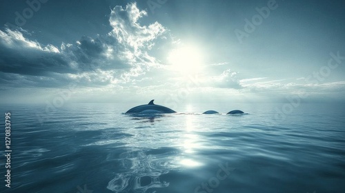 Dolphins swimming alongside a massive whale in clear blue waters during a sun...