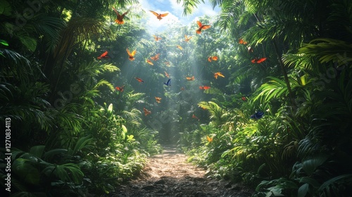 Colorful birds flying over a serene forest path surrounded by lush greenery a...