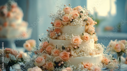 Elegant wedding cake adorned with fresh roses and delicate flowers in a brigh...